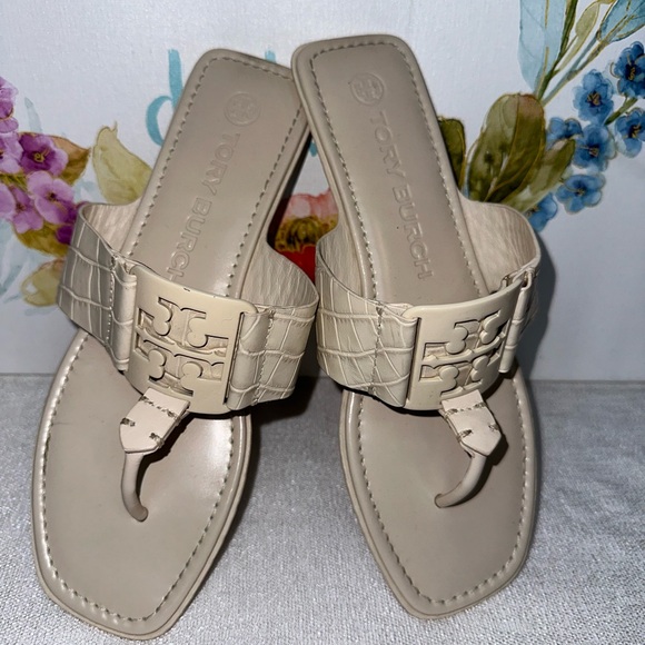 TORY BURCH Georgia Cream Soft Croc Ivory Sandals Size 8M - Picture 2 of 5